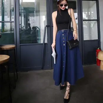 

Casual jeans long skirts women high waist denim skirts summer autumn front botton A-line ladies maix skirt for women clothing &2