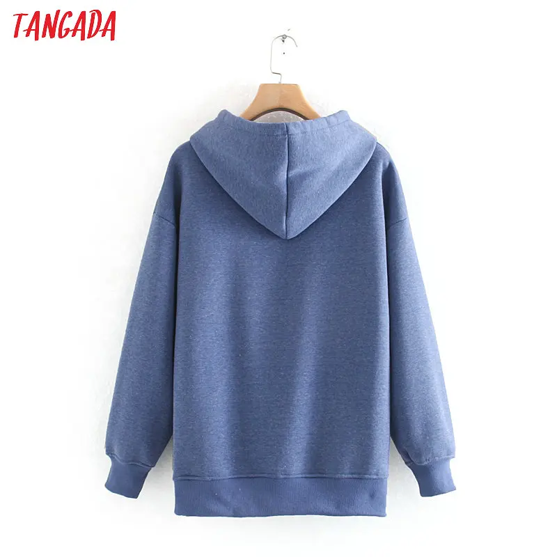 Tangada женские синие флисовые толстовки с капюшоном, зимние японские Модные женские пуловеры больших размеров, Теплые Топы с капюшоном 6L02