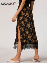 

Lucklisa Print Skirts Women Patchwork Lace Ankle-Length Eegant Retro Hliday Skirts Women Hight Waist Plus Size Straight Dress