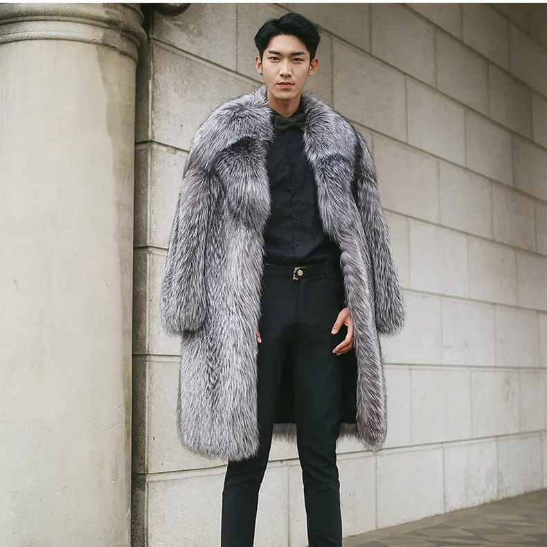 New catwalk men's clothing faux fur coat long section male imitation fox fur fur coat