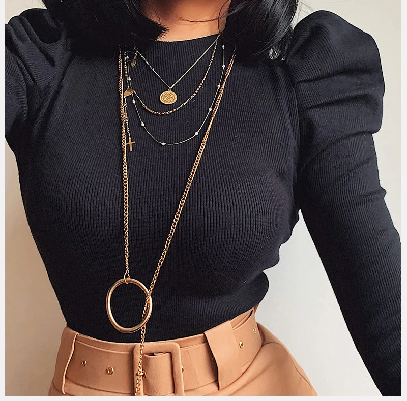 Camiseta de manga abombada para mujer, Top de Color sólido de manga larga, Top de punto de Rib de una pieza, Top de leotardo, Tops de otoño y primavera