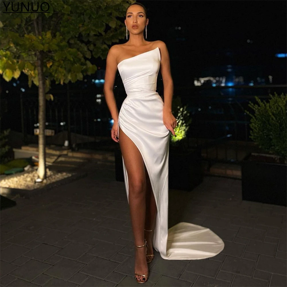 party gown for women YUNUO 2022 Simple White Prom Dresses robe de soirée femme with High Split Satin Evening Gowns for Party Celebrity Host Dress evening dresses for weddings