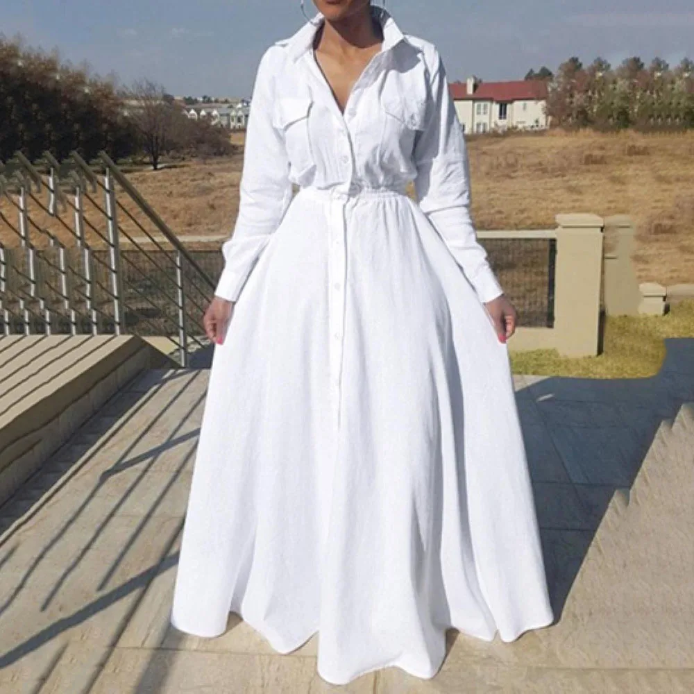 

White Big Size Long Shirts Dress High Waist A Line 2020 Autumn African Women Maxi Long Dresses Robe Femme Vestiods Casual Daily