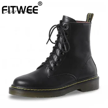 

FITWEE Real Leather Ankle Boots For Women Fashion Sewing Winter Shoes Women Street Platform Round Toe Casual Footwear Size 34-40
