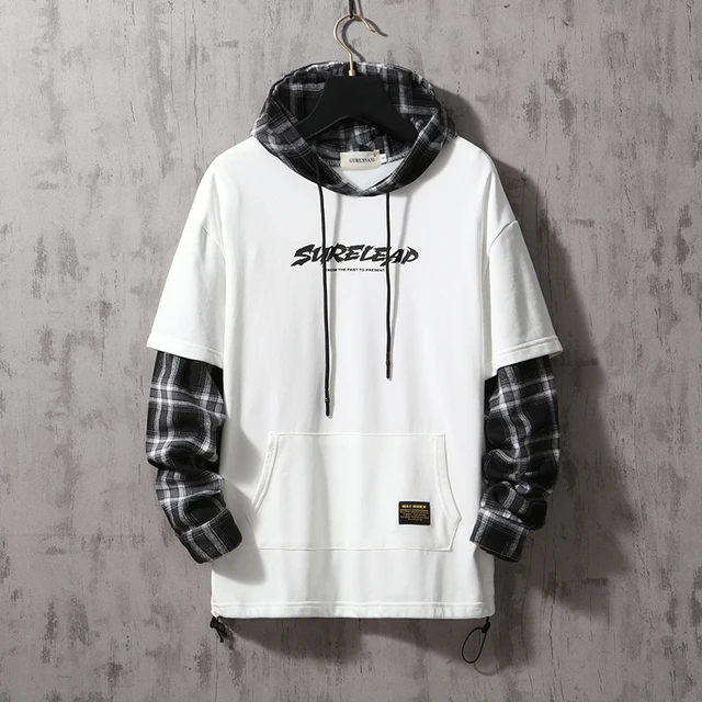 Black Patchwork Hoodies Autumn Spring MEN'S Sweatshirts Hiphop Punk Streetwear Casual Pullover white