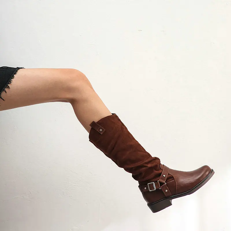 QUTAA/ модные сапоги до колена из флока с пряжкой в стиле пэчворк Повседневная зимняя теплая женская обувь на меху с круглым носком без застежки размеры 34-43