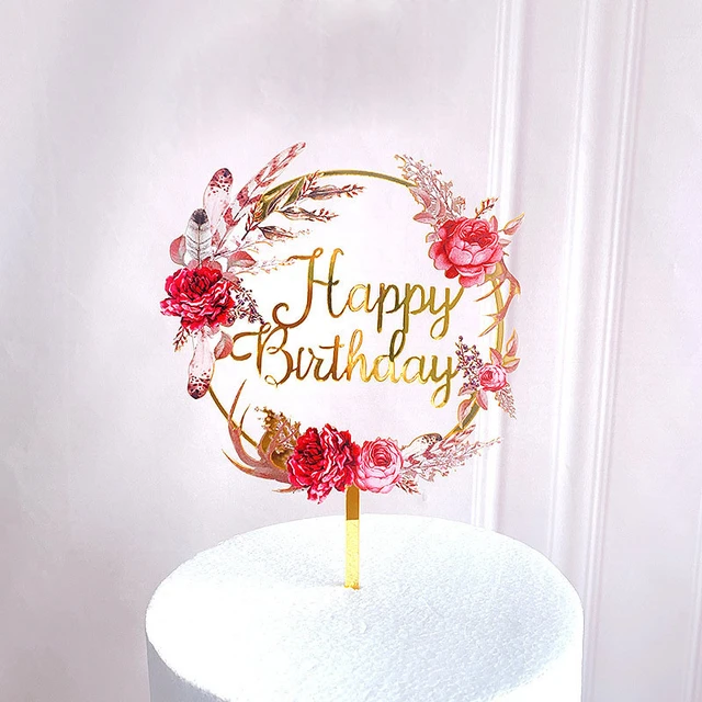 Decoração para bolo de aniversário infantil, decoração de bolos em acrílico  com flores de ouro - AliExpress