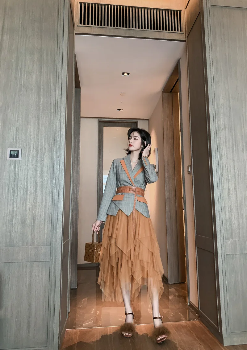 2 Piece Set Autumn Vintage Women Suit Plaid Full Sleeve V Neck Suit Top and Mesh Skirt Office Two Piece Set Elegant Vestidos
