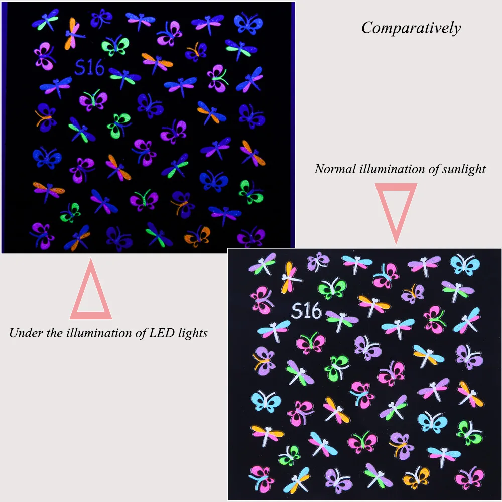 Lots Fluorescent Flowers Nail Stickers Party Butterfly Night Glow Star Decoration Manicure Applique Sliders For Nails Set Design