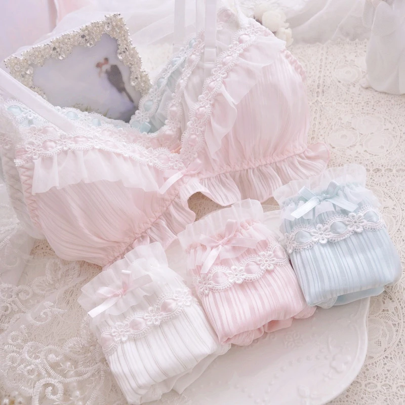 lace bra set 6 color Lolita Women's Cute Bow Print Bra & Panties Lingerie Set Girl Bras Briefs Underwear Set Women Bra and Panty Set french knickers set