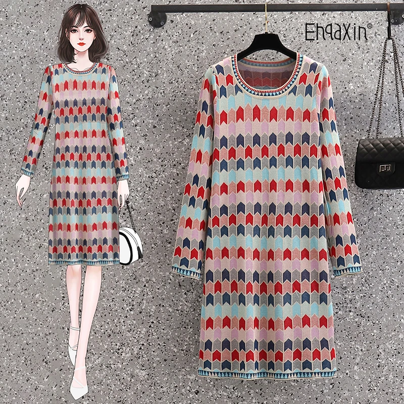 

EHQAXIN Women's Knitted Dress Spring Fashion Loose Round Neck Geometric Plaid Pullover Long Dresses For Ladies M-4XL