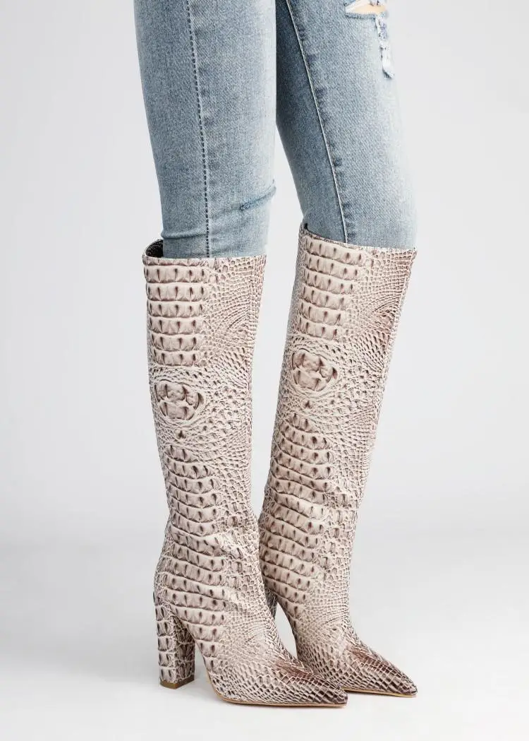 Olomm Handmade Women Knee High Boots Square High Heels Boots Pointed Toe Gorgeous Beige Brown Party Shoes Women US Size 4-13