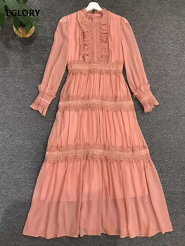 

Pink Long Dress 2020 Spring Summer Wedding Party Women Ruffled Collar Appliques Lace Patchwork Long Sleeve Maxi Dress Clothing