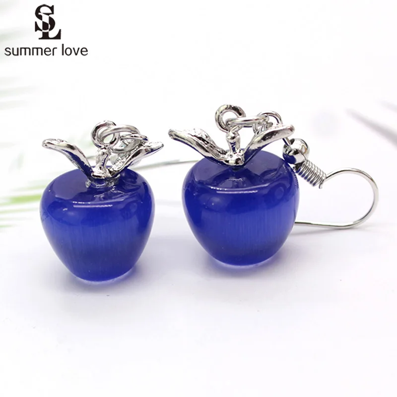 

Lovely Fruit Apple Earrings Fashion Blue Pink Opal Stone Dangle Drop Earring Women Silver Color Ear Jewelry 2019