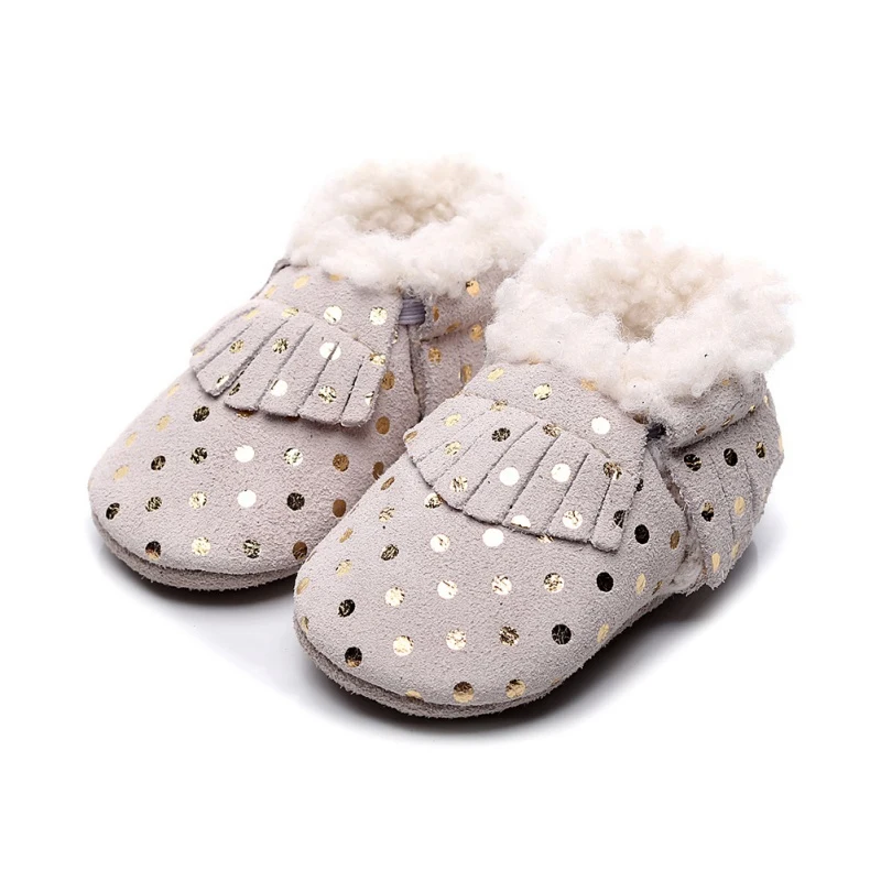 Новинка; зимняя обувь для маленьких девочек; обувь для малышей в горошек с кисточками; хлопковая однотонная обувь; мягкая теплая обувь для младенцев
