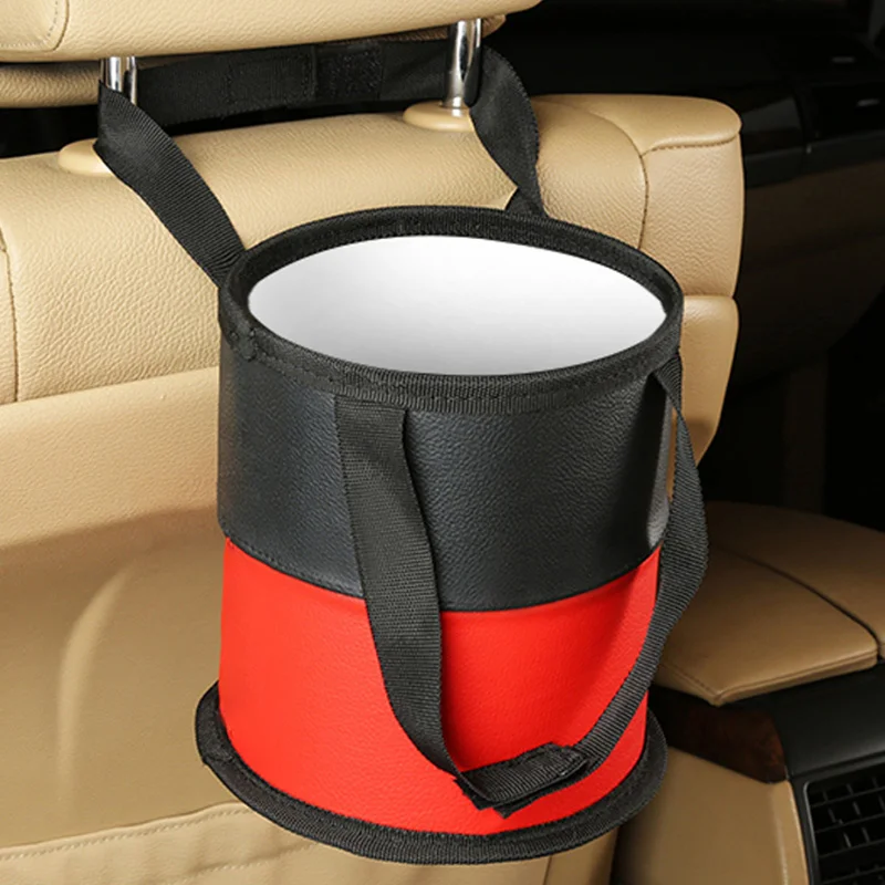 

PU Leather Car Trash Can Round Hanging Multifunctional Storage Bag Easy To Install Automotive Interior