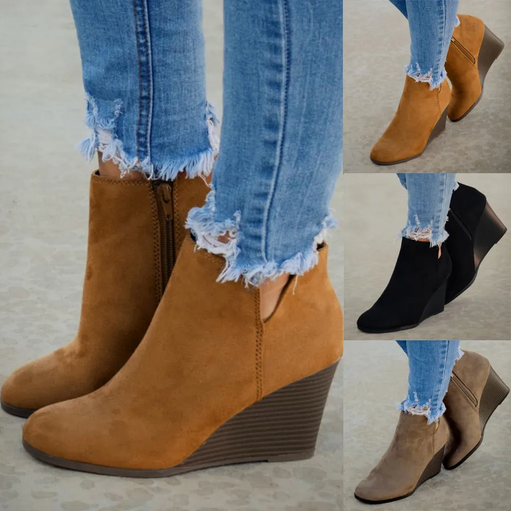 Обувь; женские зимние ботинки; Модные женские замшевые ботинки на танкетке; однотонные короткие ботиночки на молнии с круглым носком; botas mujer
