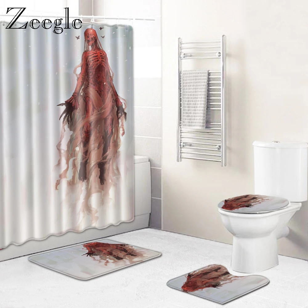 Zeegle Cartoon Bath Mat Set 4pcs Polyester Toilet Foot Rug Bathroom Mat Set Waterproof Toilet Shower Curtain Anti-silp Bath Rug