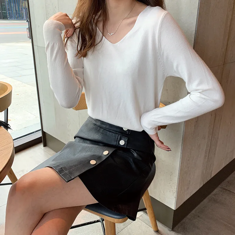 Женский трикотажный пуловер с V образным вырезом и длинным рукавом|Толстовки