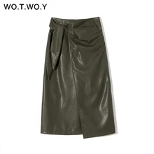 WOTWOY весна лето Офисная Женская юбка официальная плиссированная юбка до середины икры черные зеленые женские юбки с разрезом s