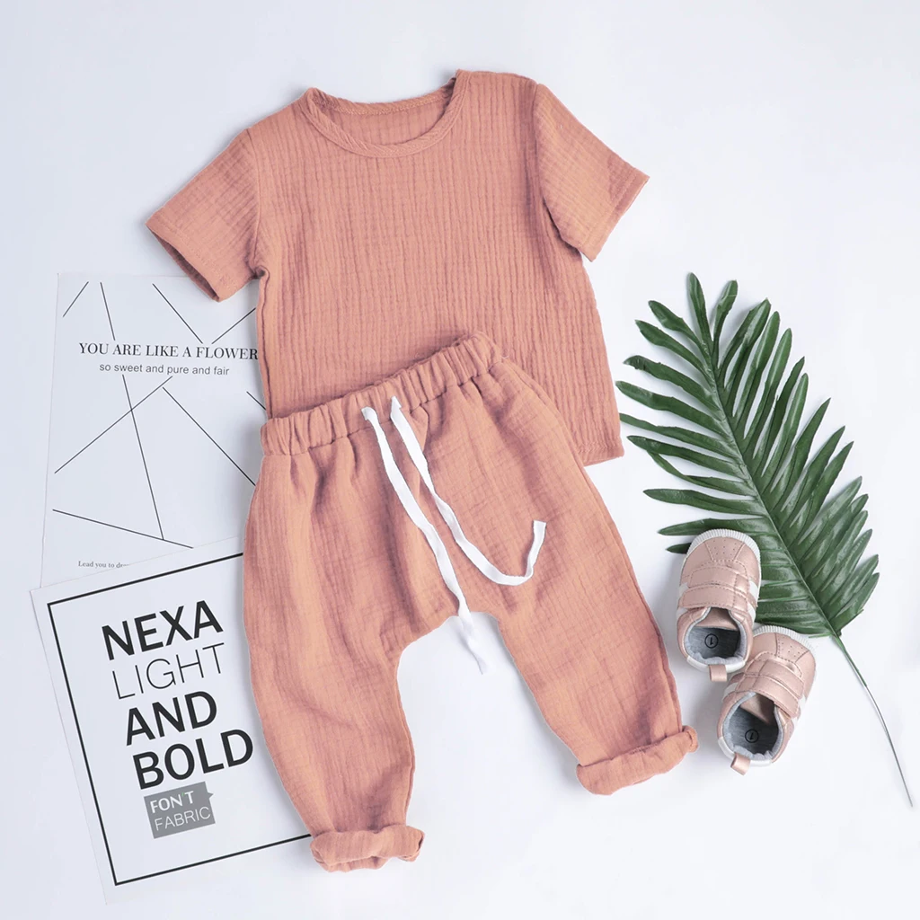 warm Baby Clothing Set Cotton Linen Casual Toddler Baby Girls Boys Clothes Set Solid Tops T-Shirts+Pants 2pcs Kids Children Outfits Summer Home Clothes baby dress set for girl