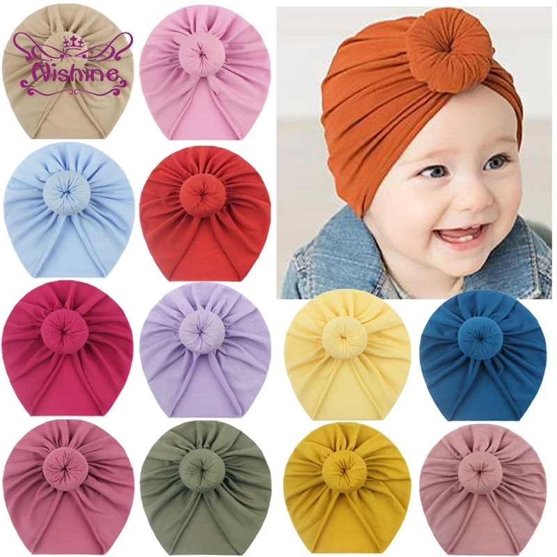

Nishine 18*17 Comfortable Warm Baby Indian Hat Solid Color Handmade Donut Infant Caps Fashion Children Bonnet Kids Accessories