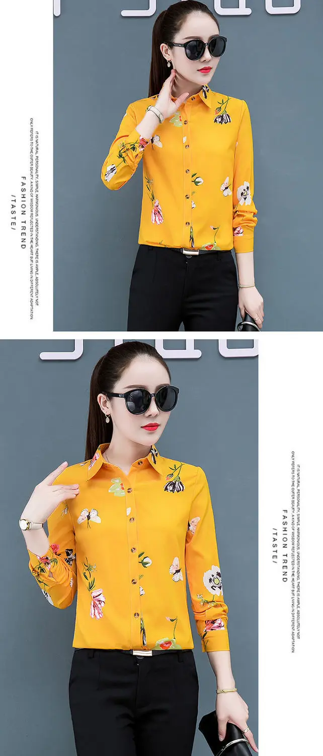 white blouse for women Plus Size Print Floral Women Shirt Spring Autumn New Korean Lapel Long Sleeves Slim Chiffon Blouses Fashion Yellow  Street Tops off the shoulder shirts & tops