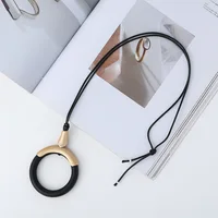 Amorcome Bohemia Wood Bead Leather Necklace Geometric Circle Pendant Women Long Sweater Chain Statement Collares Femme Jewelry
