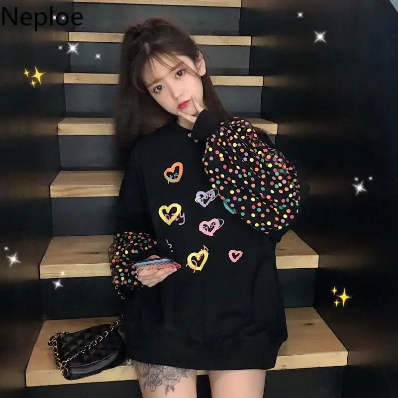 Neploe Lover, с принтом, с сеткой, в стиле пэчворк, толстовки для женщин, с круглым вырезом, с длинным рукавом, теплый свитер, осень-весна, свободный женский топ 47705