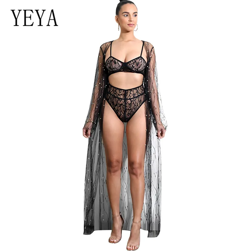 

YEYA Summer Women Boho Three Pieces Sets See Through Beading Cardigan Blouse+Crop +Shorts Bodysuits Lady Holiday Beach Overalls