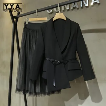 

Fashion Womens Long Slevve Sashes Asymmetrical Blazer Elastic Waist Medium Length Mesn Skirts Female Spring Two Piece Outfits