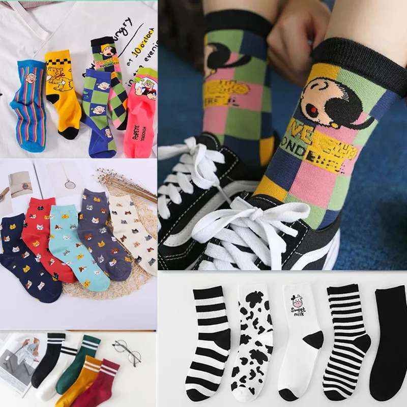 

5 pairs of Harajuku hip-hop animal print cotton ladies socks fashion Korean cute cartoon cats dogs happy and funny girl socks
