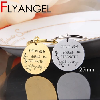 

FLYANGEL Engraved Fashion Inspirational Keychain She Is Clothed In Strength And Dignity Women Jewelry Gifts For Her Keyring