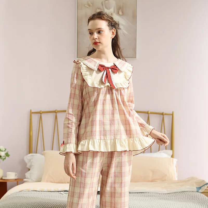 

2021 New Two Piece Pajamas Women Autumn Cute Bow Long-sleeved College Plaid Lace Home Service Women's Suit Cotton Pajama Set