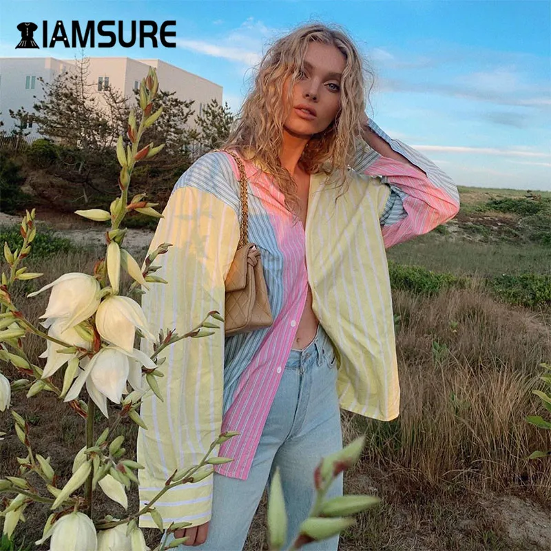 

IAMSURE Colorful Striped Patchwork Women Casual Shirts Long Sleeve Oversize Ladies Blouses Streetwear Autumn Fashion Clothes