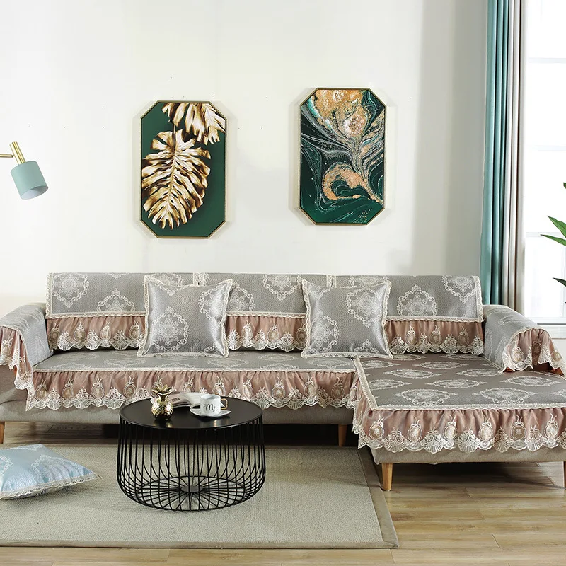 

Summer European Style Chunky Viscose Hem Sofa Pad Sandwich Anti-slip Granule Sofa Cushion Cover Towel