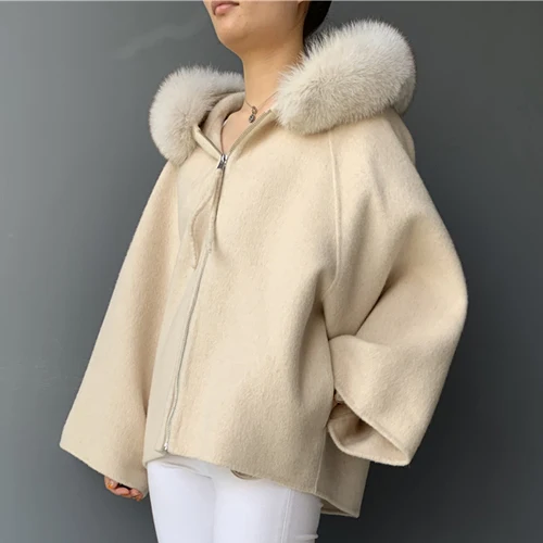 Beige Элегантное женское кашемировое пальто, Весенняя однотонная женская верхняя одежда, короткий стиль, натуральный мех, с капюшоном, шерстяное пальто - Цвет: Beige