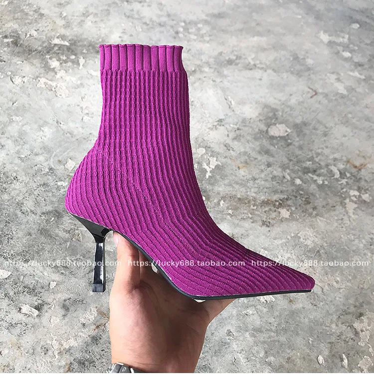 Носки Botines mujer г. Эластичные шерстяные вязаные сапоги на среднем каблуке женские зимние ботинки челси на шпильке фиолетовые ботинки