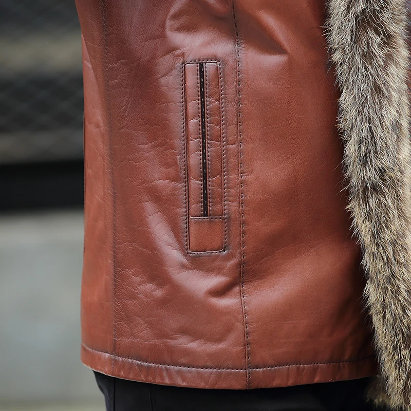 PViviYong зимняя высококачественная мужская куртка из натуральной кожи, воротник из овчины и меха енота, шерстяная подкладка пальто для мужчин N4061