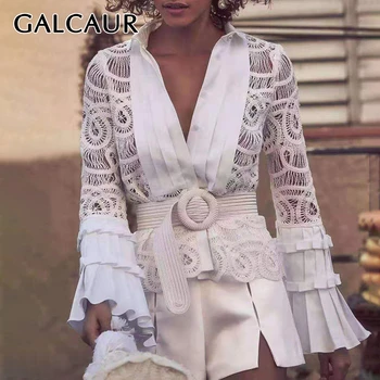 

GALCAUR Vintage Hollow Out Perspective Lace Blouses Women Lapel Collar Flare Sleeve Large Size Shirts Female Fashion 2020 New