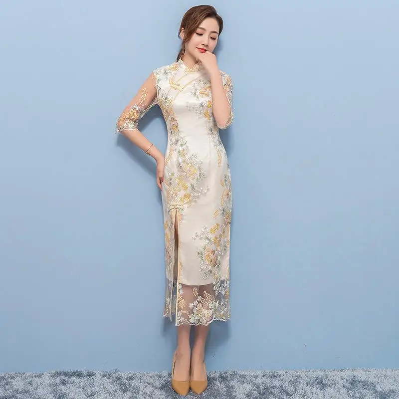 Высокий разрез пикантное элегантное женское длинное Cheongsam винтажные вышивки цветочные Qipao Плюс размер воротник стойка китайское Макси платье - Цвет: Champagne D