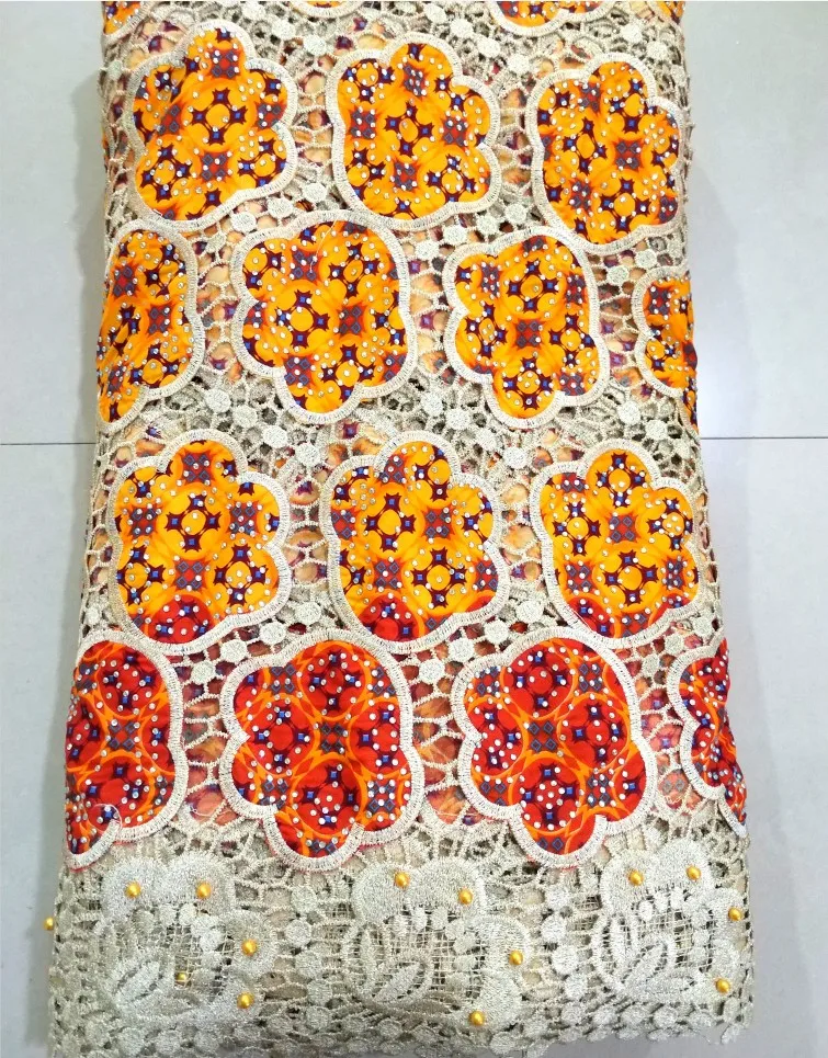 

New chemical African guipure lace mix wax cotton fabric with beads/stones for wedding Wholesale &retail-N8850