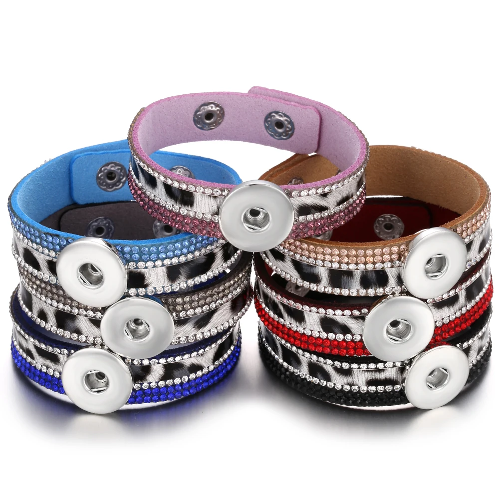 Wholesale Leather Snap Bracelet Handmade Rhinestone Crystal Leopard