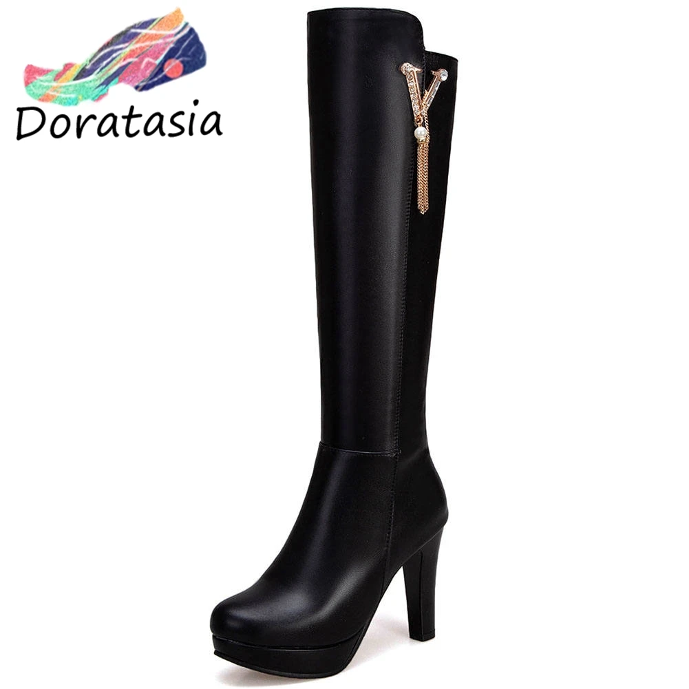 new arrivals big Size 32-43 Chunky High Heels Knee High Boots Woman Shoes Metal Decoration Zip Up Shoes Women Boots