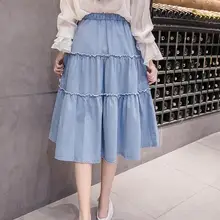 Light Blue Denim Skirts Korean Fashion Women High Waist Long Jeans Skirts Solid Color S-XXXL Midi Saia AE589