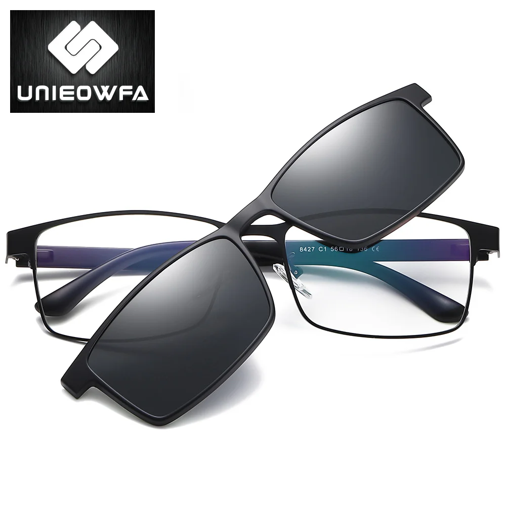 UNIEOWFA 2 в 1 магнит клип на Рецепт Солнцезащитные очки для мужчин поляризационные оптические градусов солнцезащитные очки оправа для мужчин близорукость очки - Цвет линз: C1 Black