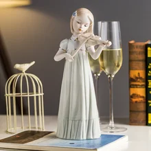 Girl Playing Violin Ceramic Sculpture Decoration Wine Cabinet TV Cabinet Decoration Handicrafts Home Decoration