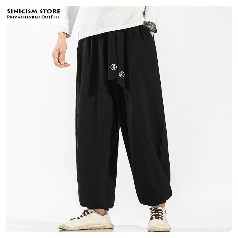 Sinicism Store, новинка, мужские свободные винтажные шаровары с вышивкой, Мужские штаны в китайском стиле высокого качества, мужские одноцветные штаны 5XL