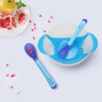 

1pc Temperature Sensing Feeding Spoon Child Tableware Food Bowl Learning Dishes Service Plate/Tray Suction Cup Baby Dinnerware