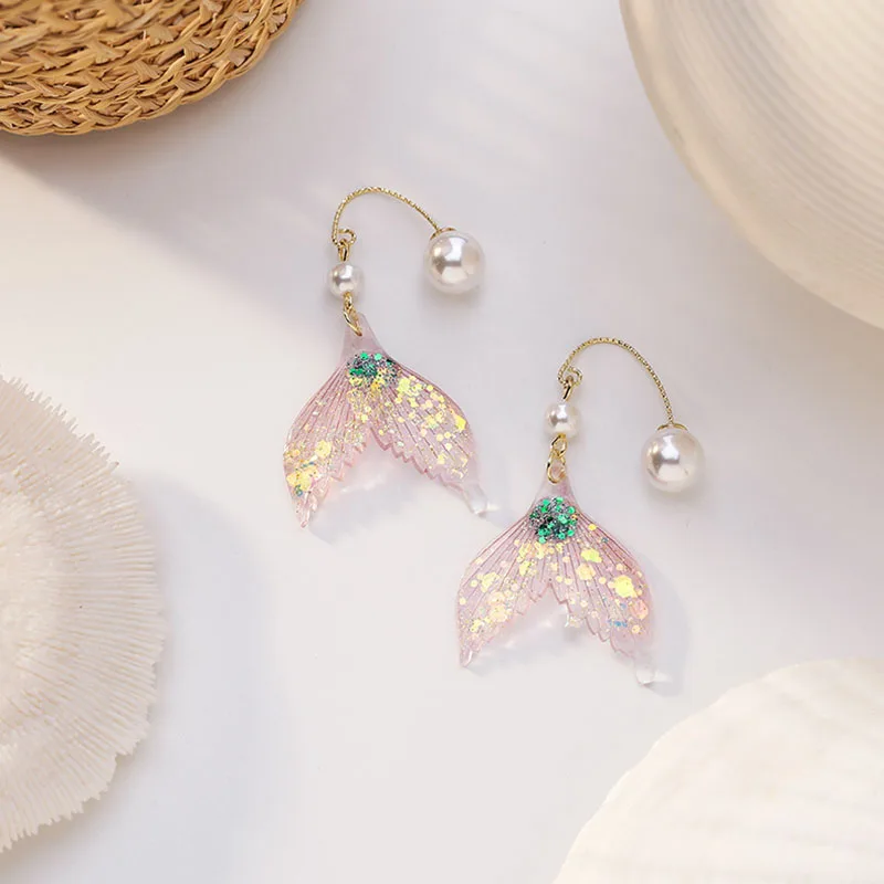 

Creative Mermaid Fish Tail Long Tassel Dangle Earrings Women Fashion PearlDrop Earrings Sequins Color Shiny Pearl Party Earrings